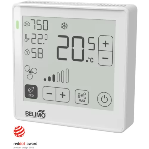Belimo P-22RTM-1800D-1 Helyiségérzékelő / CO₂ beltéri kezelőegység / Levegő páratartalom / Hőmérséklet Aktív, NFC, 0...5 V, 0...10 V, 2...10 V, 4...20 mA, MP-Bus, ePaper érintőkijelző és LED, PC, fehér, RAL 9003