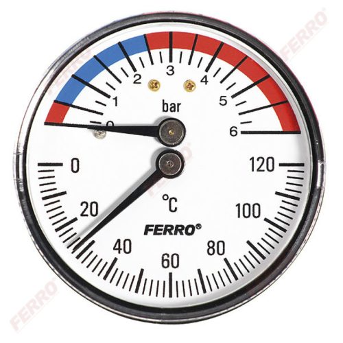 Termomanométer hátsós csatlakozású 0-120°C, 6 bar. Karcálló