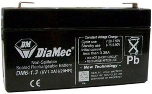 DIAMEC 6V 1,3Ah 6V, 1.3Ah, zselés, ólom akkumulátor, gondozásmentes, 96.5x23.5x56.5mm, 0.3kg.