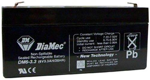 DIAMEC 6V 3,3Ah 6V, 3.3Ah, zselés, ólom akkumulátor, gondozásmentes, 134.5x35x60mm, 0.64kg.