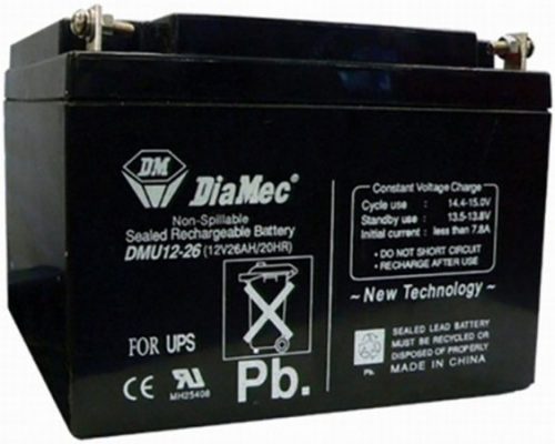 DIAMEC 12V 26Ah 12V, 26Ah, zselés, ólom akkumulátor, gondozásmentes, 175x165x125mm, 8kg.