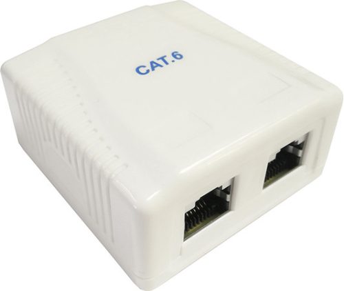 FTP-CAT.6A falonkívüli dupla aljzat Dupla RJ45, Cat.6 A aljzat, FTP, árnyékolt, falon kívüli, felcsavarozható, ragasztható.