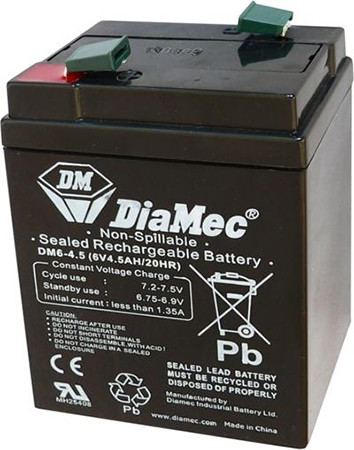 DIAMEC 6V 4,5Ah 6V, 4.5Ah, zselés, ólom akkumulátor, gondozásmentes,  70x48x105mm, 0.72kg.