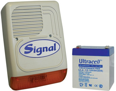 SIGNAL PS-128A (128-1) + 4Ah akkumulátor Kültéri hang-fényjelző szabotázsvédett fémházban, 115dB + 12V 4Ah akkumulátor.