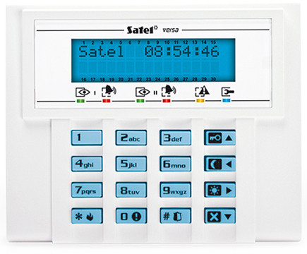 SATEL VERSA LCD-BL Alfanumerikus LCD kezelő Satel VERSA riasztóközpontokhoz, kék háttérvilágítás, fekvő.