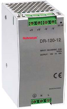 SUNWOR DR-120-12 DIN sínre szerelhető kapcsolóüzemű tápegység, 12 VDC, 8.3A, 99.6W.