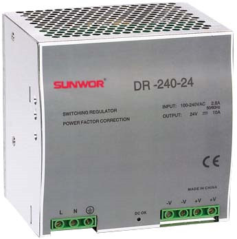 SUNWOR DRP-240-12 DIN sínre szerelhető kapcsolóüzemű tápegység, 12 VDC, 20A, 240W.