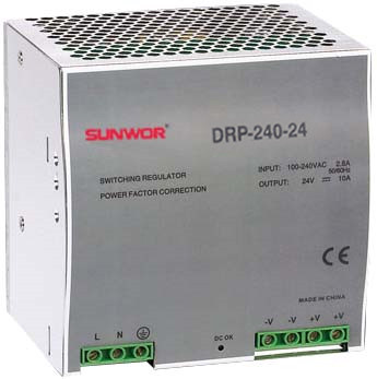 SUNWOR DRP-240-24 DIN sínre szerelhető kapcsolóüzemű tápegység, 24VDC, 10A, 240W.