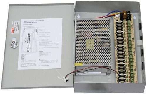 SUNWOR SCPS-1220-18 CCTV tápegység, fém doboz, 18 csatorna, 12VDC, 20A.