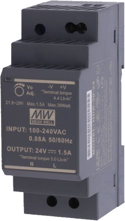 Mean Well HDR-30-24 DIN sínre szerelhető kapcsolóüzemű tápegység, 24 VDC, 1.5A, 30W.