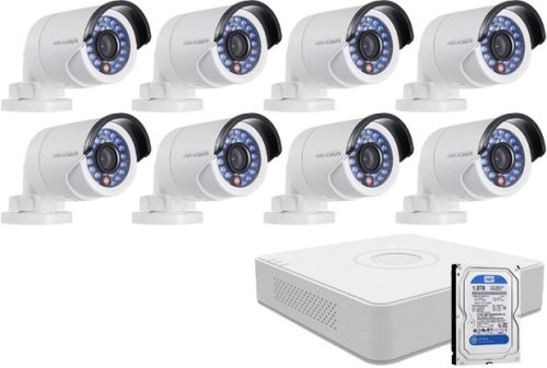 8 infrakamerás HIKVISION HDTVI 8 db HDTVI kamera (infra LED), 8 csatornás HDTVI/AHD képrögzítő, 1000 GB HDD.