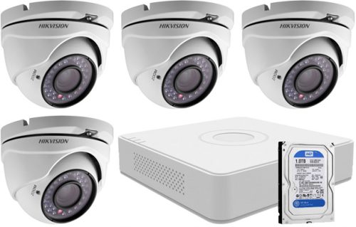 4 dome infrakamerás HIKVISION HDTVI 4 db HDTVI dome kamera (infra LED), 4 csatornás HDTVI/AHD képrögzítő, 1000 GB HDD.