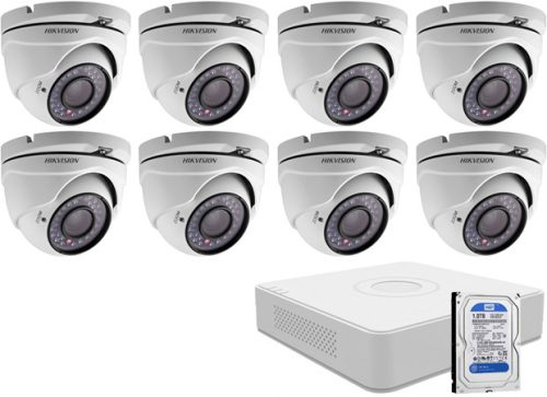 8 dome infrakamerás HIKVISION HDTVI 8 db HDTVI dome kamera (infra LED), 8 csatornás HDTVI/AHD képrögzítő, 1000 GB HDD.