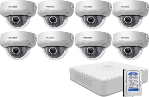 8 varifokális dome infrakamerás HIKVISION HDTVI 8 db HDTVI varifokális dome kamera (infra LED), 8 csat. HDTVI/AHD képrögzítő, 1000 GB HDD.