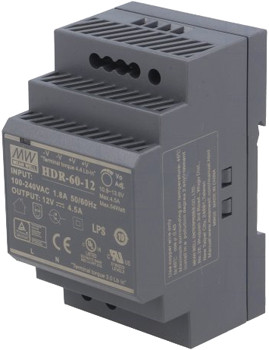 Mean Well HDR-60-12 DIN sínre szerelhető kapcsolóüzemű tápegység, 12VDC, 0-4.5A, 54W.