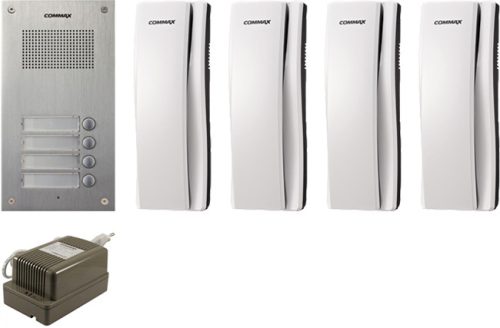 COMMAX DR-4UM + 4 db DP-SS + RF-1A 4 lakásos kaputelefon szett, süllyesztett, 4 db DP-SS beltéri készülékkel, 1 db trafóval.