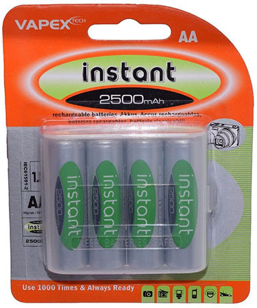 VAPEX 4in2500AA 4db AA méretű 1000x tölthető, NiMH ceruza akkumulátor, 1.2V, 2500mAh, akkutartó.