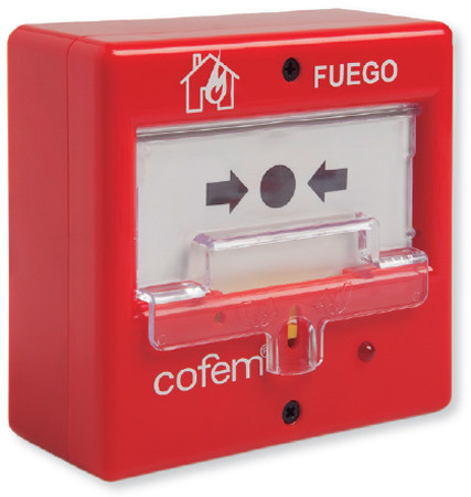 COFEM PUCARLT Hagyományos kézi jelzésadó, piros, műanyag nyomólap, IP50, műanyag fedőlap, 24-35V.