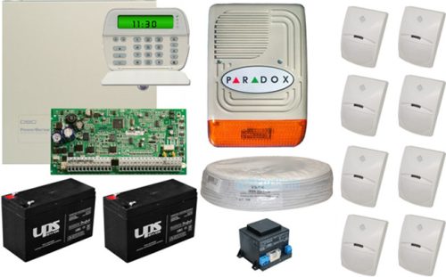 Komplett Rendszer DSC PC1832-PS128 8db infra, központ, ikon LCD kezelő, doboz, kültéri sziréna, 2 db akkumulátor, táp, 100m kábel.