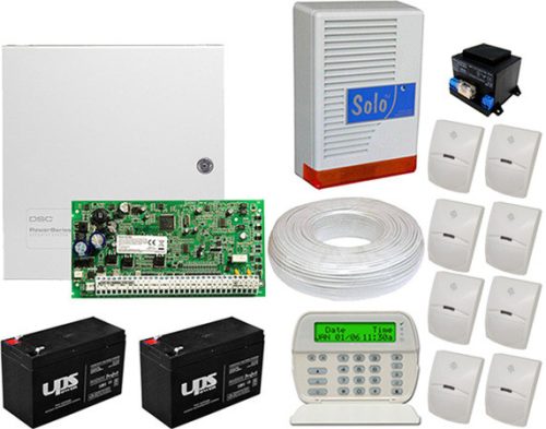 Komplett Rendszer DSC PC1864 LCD 8 db infra, központ, LCD kezelő, doboz, kültéri sziréna, 2 db akkumulátor, táp, 100m kábel.