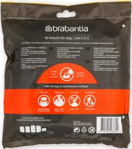 Brabantia PerfectFit szemeteszsák, A méret, 3-5L, visszazárható adagoló csomag, 40 zsák/csomag - 137600