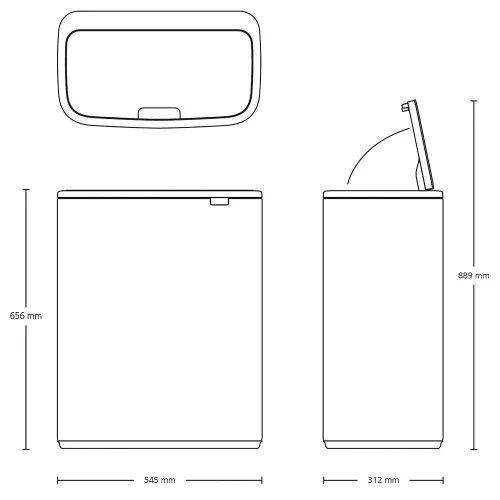 Brabantia Bo Touch Bin nyomófedeles hulladékgyűjtő XXL, padlón álló, műanyag tartály, 60L - M méret, acél, matt fekete
