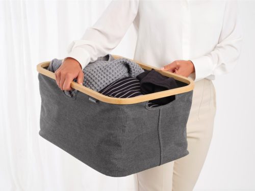 Brabantia Foldable Laundry Basket összehajtható szennyestartó kosár, bambusz peremmel, 40L kapacitás, borsfekete