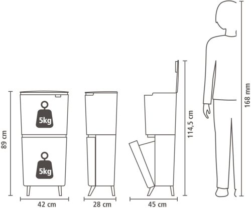 Brabantia SortUp Recycle Bin Hi 2 szintes szelektív hulladékgyűjtő torony lábakon, felhajtható fedéllel, 20+25L