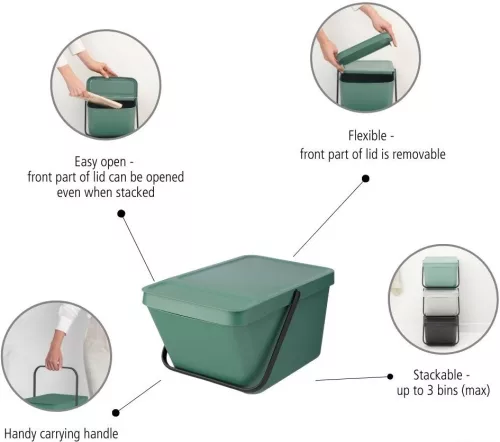 Brabantia Sort & Go halmozható hulladékgyűjtő felnyitható fedéllel, fogantyúval szelektív gyűjtéshez, 20L, platina zöld