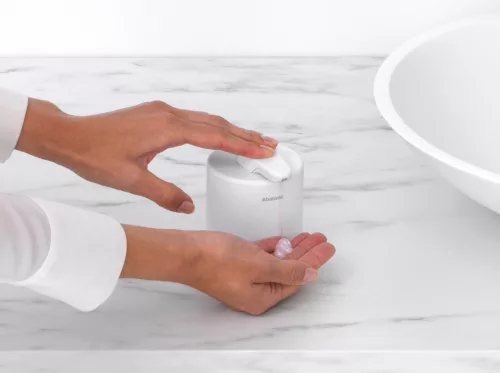 Brabantia MindSet folyékonyszappan-adagoló csepegésbiztos pumpával, 200ml üveg tartály, acél burkolat, szikrázó fehér