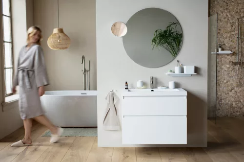 Brabantia MindSet zuhanypolc szilikon üveglehúzóval, 421x90mm, szikrázó fehér ásványi textúra - 303623