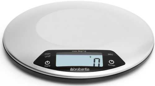 Brabantia Profile digitális konyhai mérleg, időzítővel, 5kg teherbírás, 1g pontosság, megvilágított LCD kijelző, elemes,