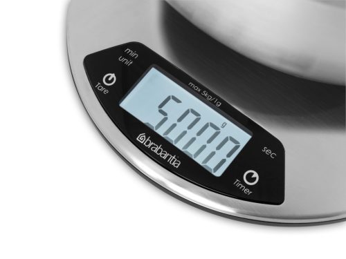 Brabantia Profile digitális konyhai mérleg, időzítővel, 5kg teherbírás, 1g pontosság, megvilágított LCD kijelző, elemes,