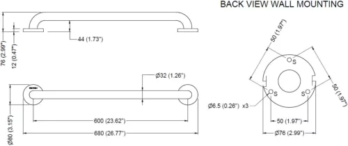 600mm egyenes kapaszkodó, D=32mm, 1,5mm falvastagság, r.m. acél, matt fekete