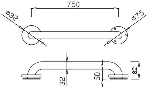 750mm egyenes kapaszkodó, D=32mm, 1,5mm falvastagság, acél, fehér