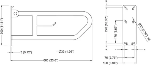 Felhajtható kapaszkodó WC-papír tartóval, fali, r.m. acél, fényes, D=32mm, L=600mm