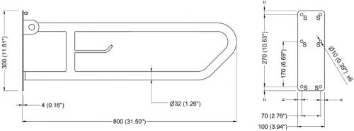 Felhajtható kapaszkodó WC-papír tartóval, fali, r.m. acél, fényes, D=32mm, L=800mm