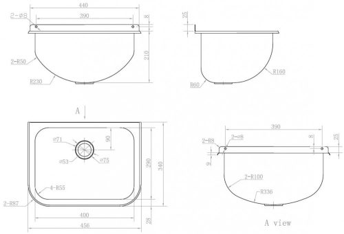Rozsdamentes acél kiöntő, falikút ráccsal, hátlappal, leeresztőszeleppel, szifon nélkül, selyem matt