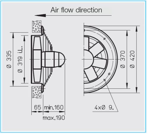 HELIOS HWW 315/4: Axiálventilátor, befalazható, műanyag belső ráccsal, ~1, 230V