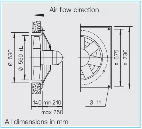 HELIOS HQD 560/6: Axiálventilátor, védőráccsal, négyszög lemezen, ~3, 400V