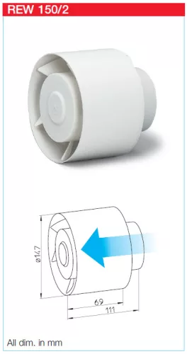HELIOS REW 150/2: Csőbe dugható ventilátor, ~1, 230V