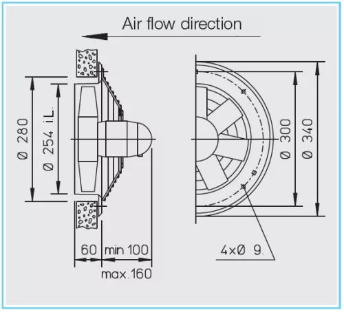 HELIOS HWW 250/2 TK: Axiálventilátor, védőráccsal, kör lemezen, ~1, 230V