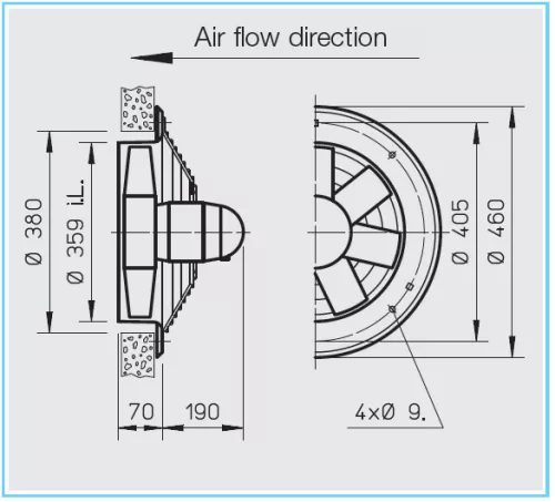 HELIOS HWW 355/4: Axiálventilátor, védőráccsal, kör lemezen, ~1, 230V