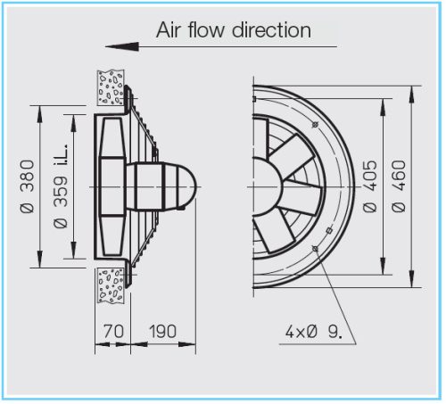 HELIOS HWD 355/4: Axiálventilátor, védőráccsal, kör lemezen, ~3, 400V