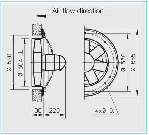 HELIOS HWD 500/4: Axiálventilátor, védőráccsal, kör lemezen, ~3, 400V
