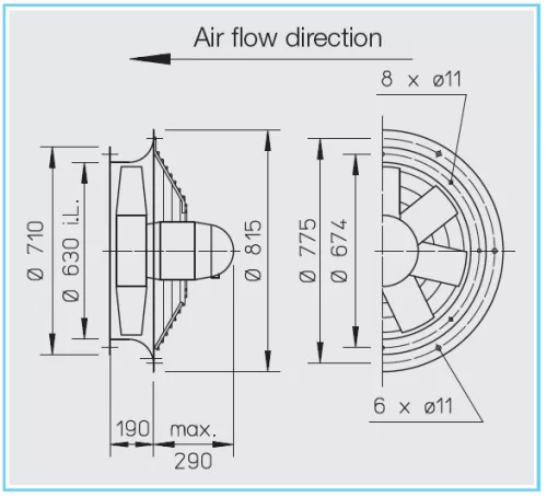 HELIOS HWD 630/4/4: Axiálventilátor, védőráccsal, kör lemezen, ~3, 400V, Dahlander kapcsolás