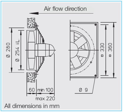 HELIOS HQW 250/6: Axiálventilátor, védőráccsal, négyszög lemezen, ~1, 230V