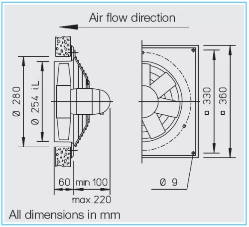 HELIOS HQW 250/2: Axiálventilátor, védőráccsal, négyszög lemezen, ~1, 230V