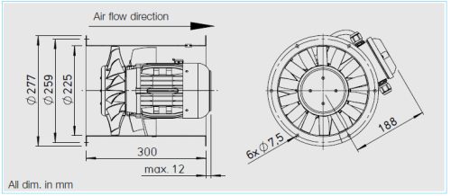 HELIOS AMW 225/2: Középnyomású axiális csőventilátor, ~1 fázis, 230V