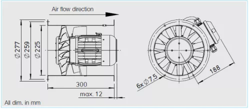 HELIOS AMD 225/2: Középnyomású axiális csőventilátor, ~3 fázis, 400V
